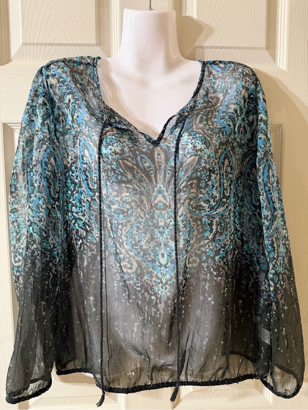 a.n.a Teal and Black Paisley-Print Sheer Blouse
